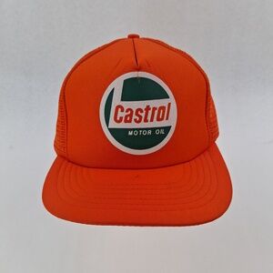 Castrol Motor Oil Hat Cap Snap Back One Size Orange Trucker Mesh Logo Mens